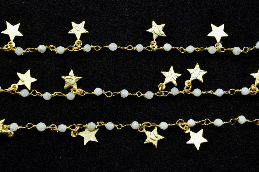 Moonstone 2mm Beaded & Star Charm Chain,Moonstone Rosary Chains,Moonstone Gold Plating Wire Wrap Chain,Brass chain,Jewelry Making Chains