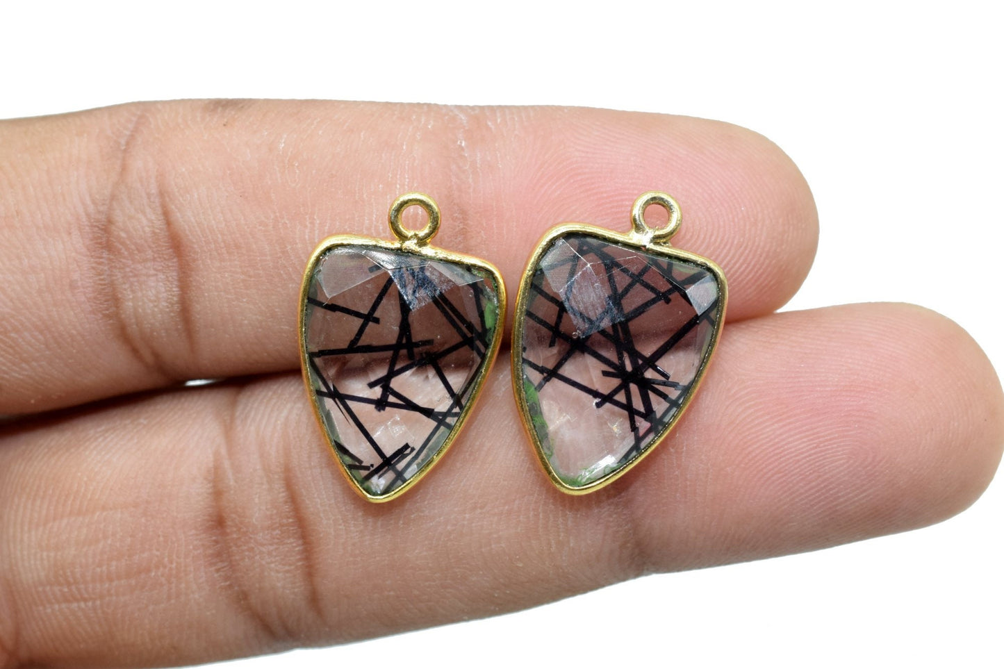 Black Rutile 12x15mm Triangle shape single bail connector,Brass Gold Plated bezel,Black Rutile Pendant,gold plated bezel,Black Rutile charms