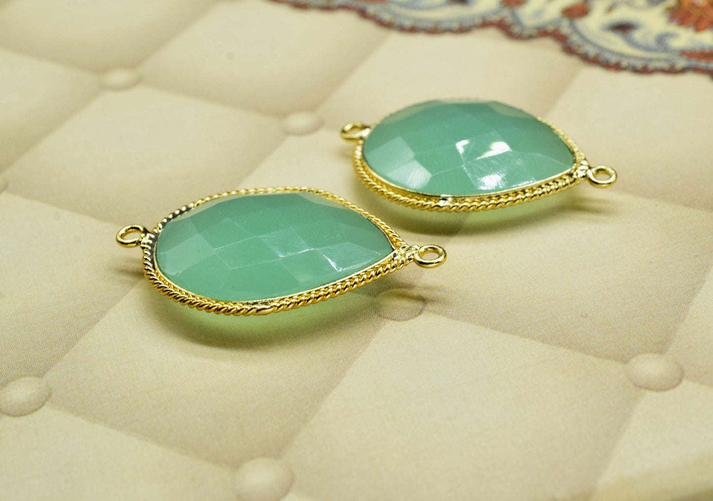Aqua Chalcedony 18x23mm Pear Shape Gold Plating Bezel,Aqua Chalcedony Faceted Bezels Charms,Aqua chalcedony Double Bail Charms Jewelry,Gift