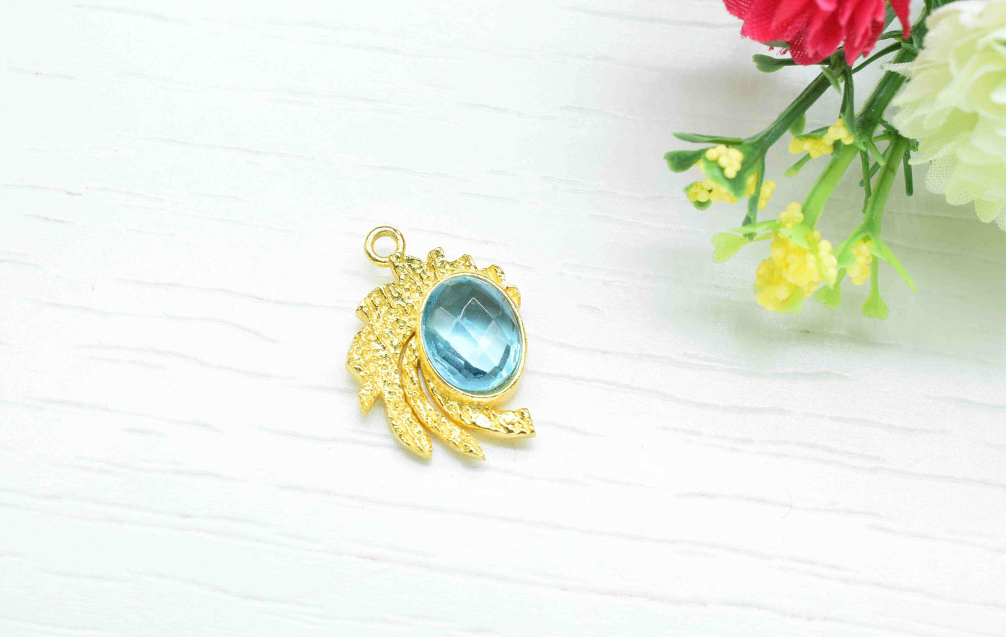 Sky Topaz Pendant ,  Gemstone Handmade Pendant , Bulk Gemstone Pendant , Gold Plated Connectors ,Single Bail Gemstone Connector Charm