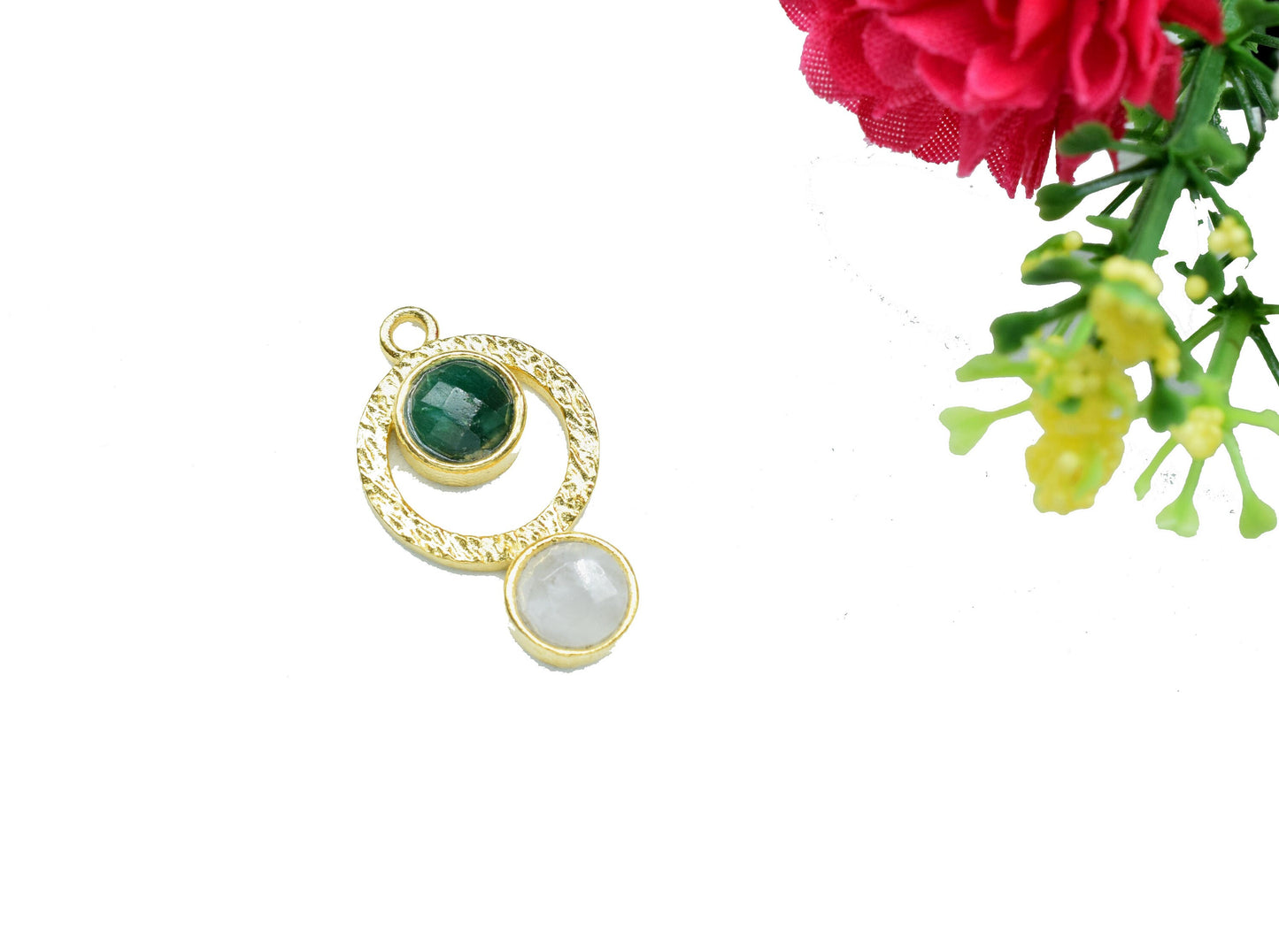Emerald + Moonstone Gemstone  Pendant , Multi Gemstone Handmade Pendant , Single Bail Checker Cut Gemstone Connector, Gold Plated Connectors