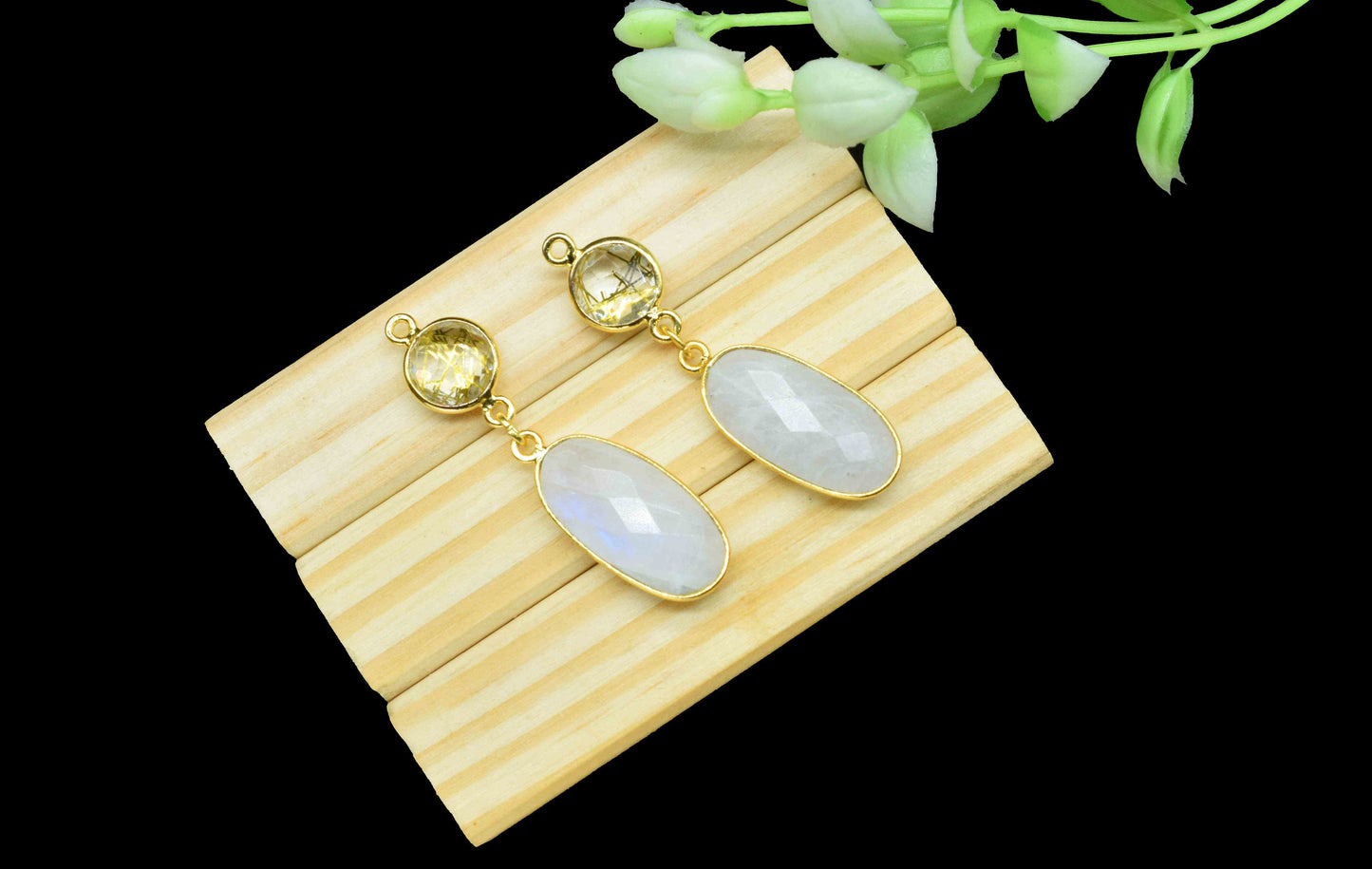 Rainbow Moonstone Dangle pendant Charm,Golden Rutile Connector,Handmade jewelry,Component pendant,Station Link,Multi Gemstone Dangle Earring