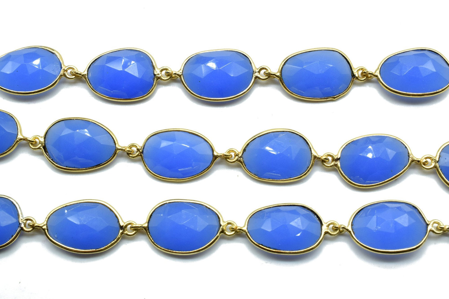 Blue Chalcedony Bezel Connector Chain,Free form Size Faceted Gemstone Connector Chain,Handmade Bezel Link Chain,Gold Plated Bezel Link Chain
