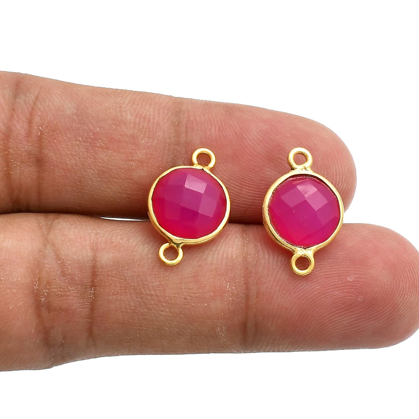 Pink chalcedony 10mm Round Bezel double connector,Chalcedony Gold Plated bezel,chalcedony Bezel,Gold Vermeil Bezel,jewelry Gold-Filled bezel