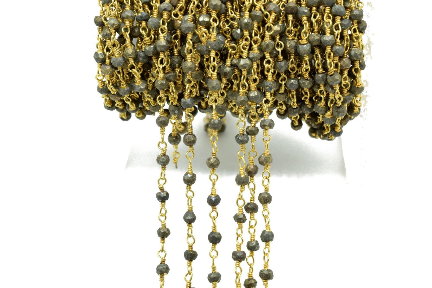 Natural Pyrite 3mm Beaded Chain,Beaded Rosary Chain,Pyrite Wrapped Brass Wire,Bracelet,Handmade Jewelry, Finding Necklace Chain In Brass