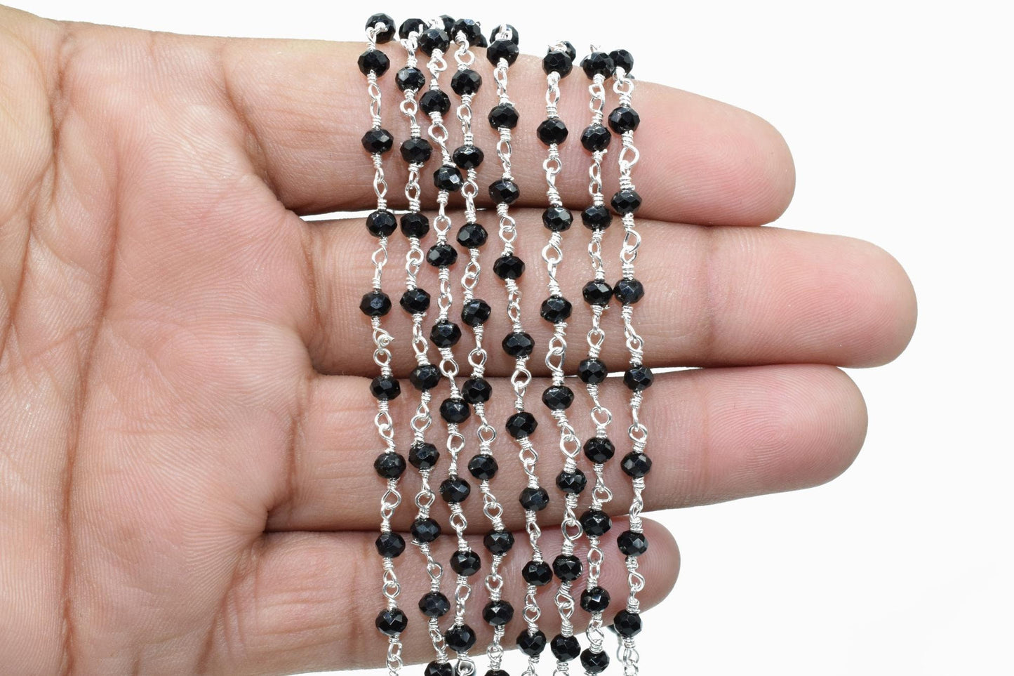 3-3.5 mm Black Onyx Silver Plated Rosary Chain,Black Onyx Faceted Beaded Chain,Wire Wrapped Silver Plated Chain,Black Onyx Bulk Rosary Roll