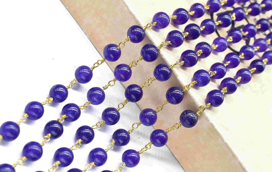 Dark Blue jade Bead Rosary Chain Jewelry,Dark Blue jade Wire Wrapped Gold Plating Bead Chain,Blue jade Smooth Gemstone 6mm Smooth Bead Chain