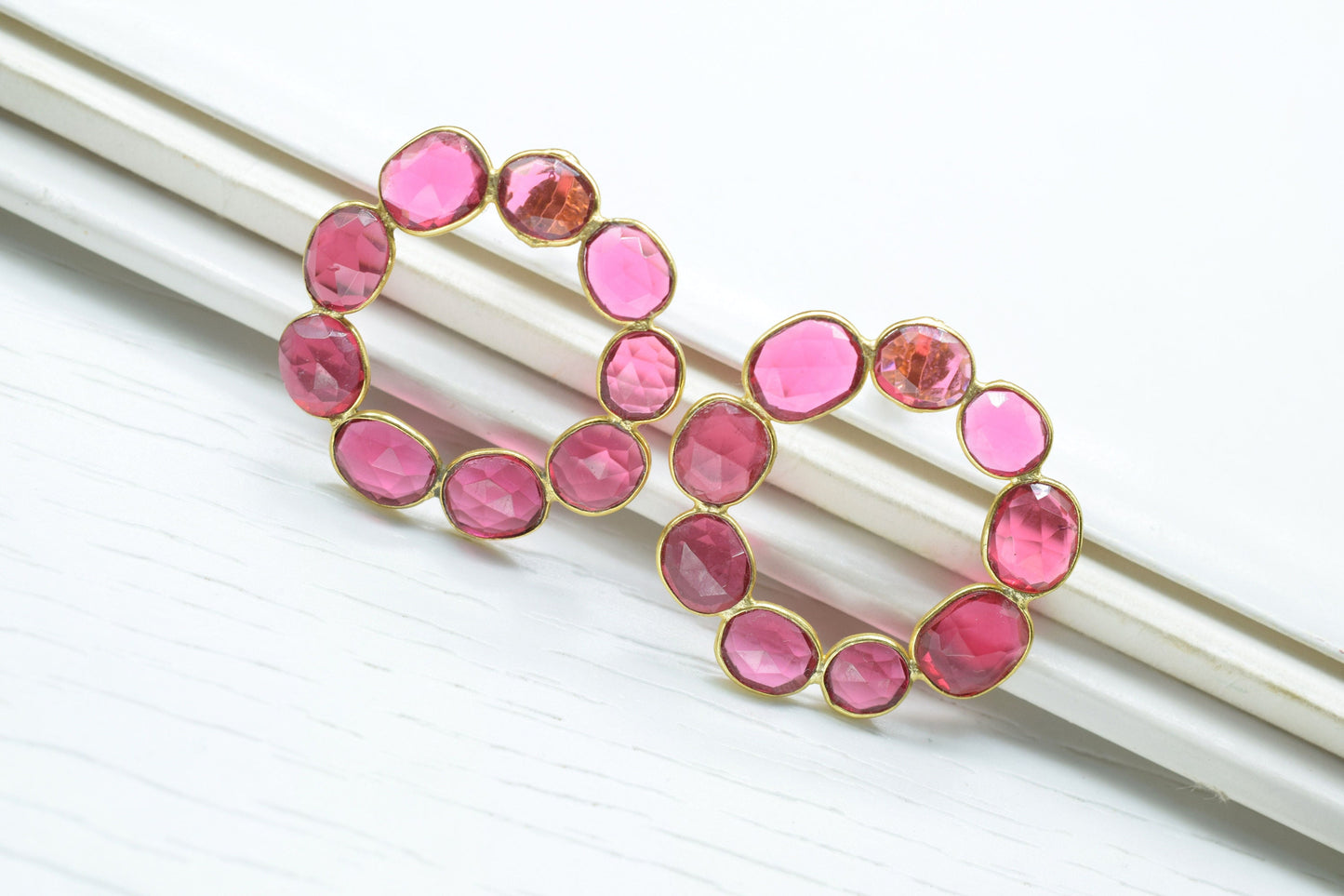 Gemstone Pink Tourmaline Earring/Bridal Earring/Round Shape Earring/Handmade Earring/Gold Plated Earring/Pink Stone Earring/Women Earring