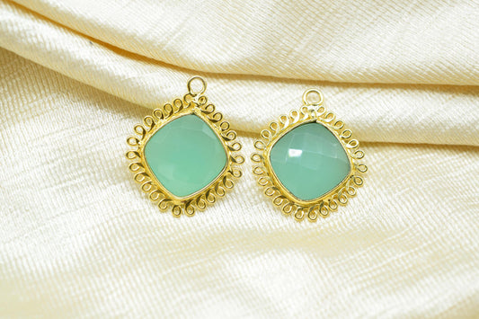Aqua Chalcedony 14mm Cushion Bezel Charms,Gemstone Single Bail,Component charm,Handmade Jewellery Connectors,Boho Pendant Charm,Gift