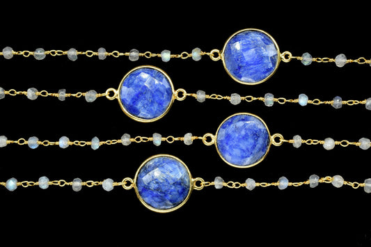 labradorite  Beaded rosary chain ,sapphire connector Chain,Sold By Foot,labradorite wire wrapped chain,sapphire rosary,gemstone,dual stone,