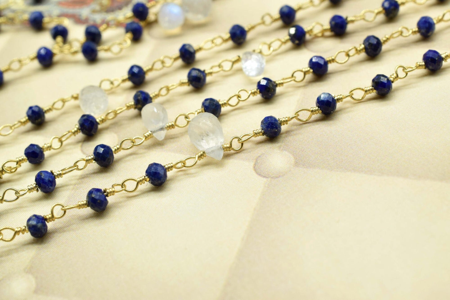 Natural lapis Wire Wrapped Beaded Chain 3mm Approx , moonstone drop Wire Wrapped Rosary Chain, gemstone rosary,gold plated rosary drop,