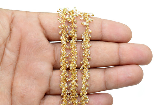 Crystal 2mm cluster chain,Crystal Dangling Chain,Crystal cluster Chain with Gold PlatedWire,Brass cluster beaded chain,Crystal vermeil chain