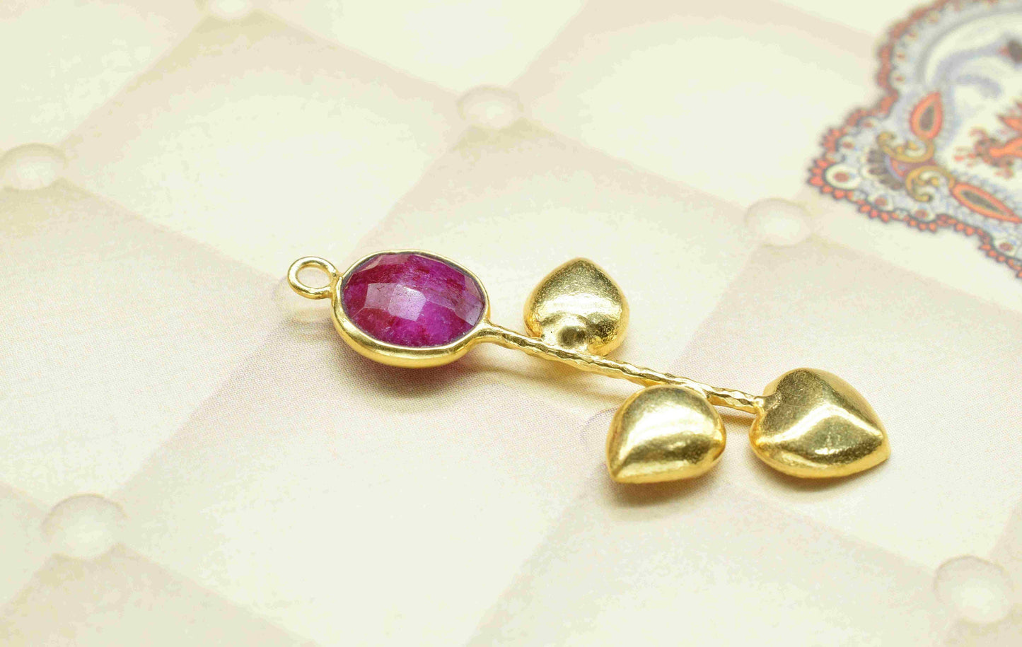 Ruby Round Shape Pendant , Ruby Single Bail Charms  ,Genuine Gemstone Charms , Gold Plated Gemstone Connectors , Summer Collection