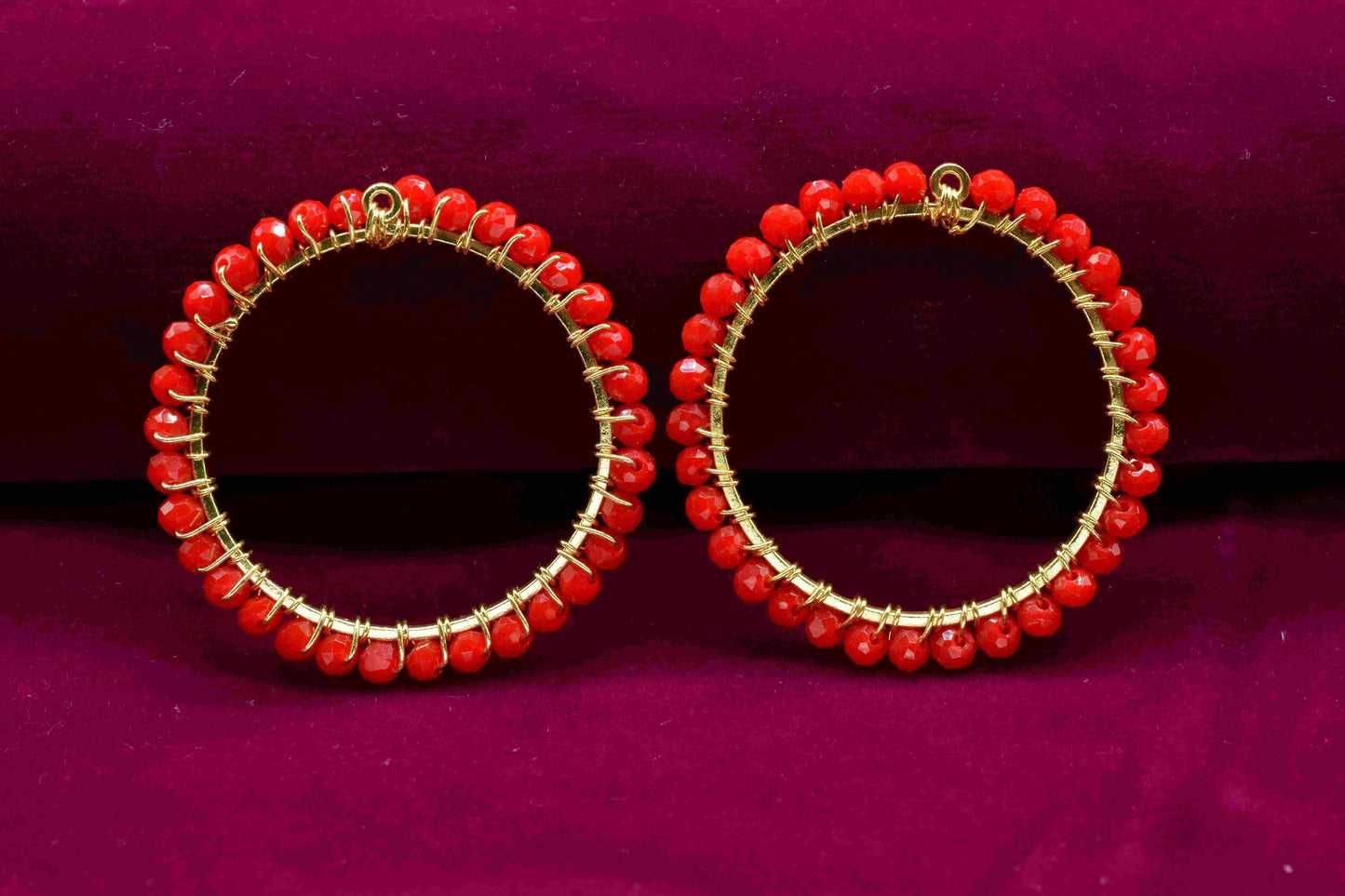 Red Coral Wire Wrapped Dangle Connectors,Circle Pendant Component,Handmade Earrings,Beaded Hoops Earring,Finding Component Red Coral Jewelry