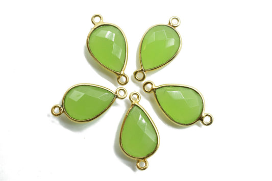 Prehnite 10x14mm Teardrop double bail connectors,Elegant Prehnite Gemstone Components Pear Shape Connectors,Prehnite Brass Gold Edge Jewelry