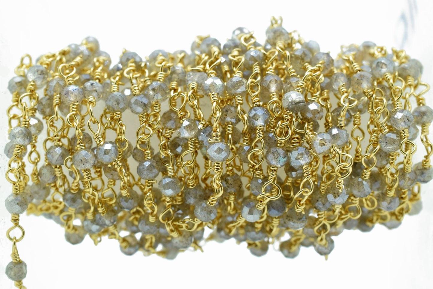 Coated Labradorite 3mm Beaded Chain,Blue Fire Labradorite Rosary Chains,Gold Plating Wire Wrap Chain,Brass chain,Jewelry Making Chain,Rosary