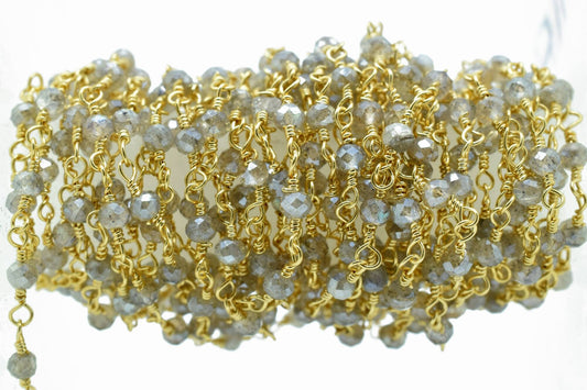 Coated Labradorite 3mm Beaded Chain,Blue Fire Labradorite Rosary Chains,Gold Plating Wire Wrap Chain,Brass chain,Jewelry Making Chain,Rosary