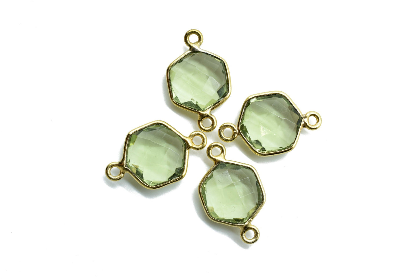 Green Amethyst 10mm Hexagon Shape Pendant,Gold Plated double Bail Gemstone Connector,Faceted Hexagon Shape Gemstone Bezel,Hexagon Pendants