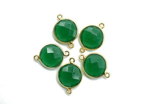 Natural Green Onyx 14mm Round Dual links connector,Brass Gold Plated bezel,Green Onyx Pendant,Stone Links,Gems Station,Onyx Earring Supplies