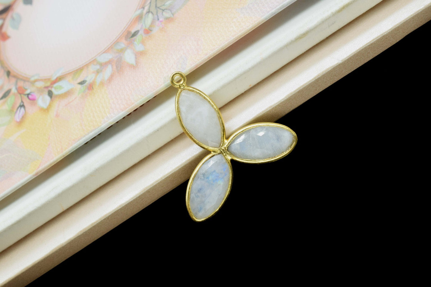 Moonstone loop connector,Natural Rainbow Moonstone,Bezel pendant ,floral gold Plated Single Point Bail,gemstone pendant,gold plated pendant,