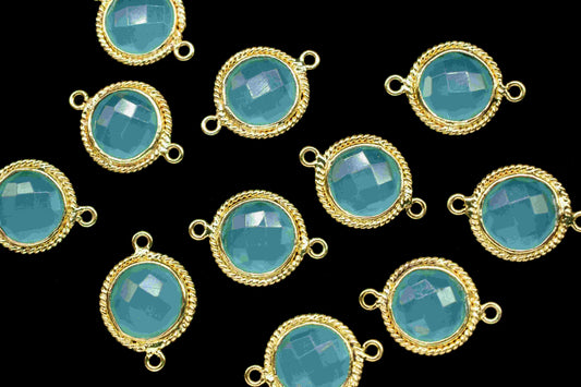 Aqua Chalcedony 10mm Round Shape Bezels Charms,Aqua Chalcedony Gold Plating Gemstone Bezel Connector,Aqua chalcedony Double Loop Charms,Gift
