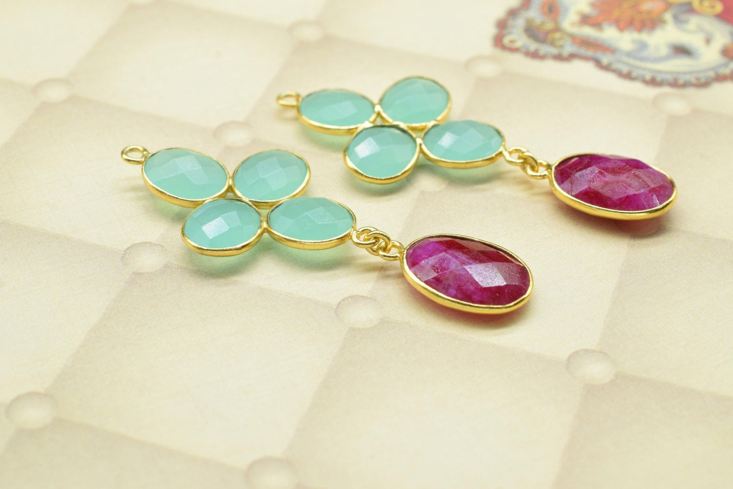 Aqua Quartz Dangle Earrings,Ruby Drop Earring,Multi Stone Dangle Earring,Statement Earring,Handmade Jewelry,Gemstone Bezel Earring,Gift