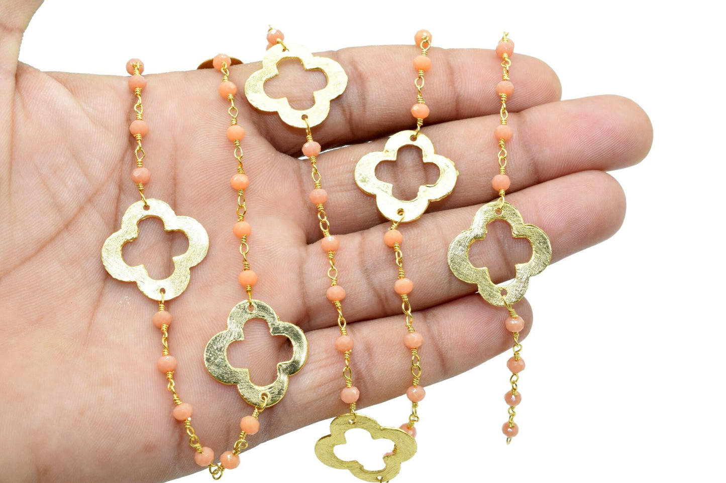 Peach Agate 3mm Beaded Chain,Peach Agate Rosary Chains,Peach Agate Gold Plating Wire Wrap Chain,Brass chain,charm rosary,clover rosary chain