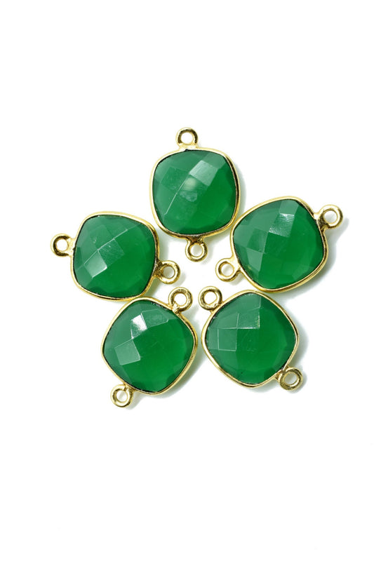 Green Onyx 12mm cushion shape Double bail Connector,Faceted Cushion Shape Connector,Double Bail Gold Plated Bezel, Making Jewelry Supplies,