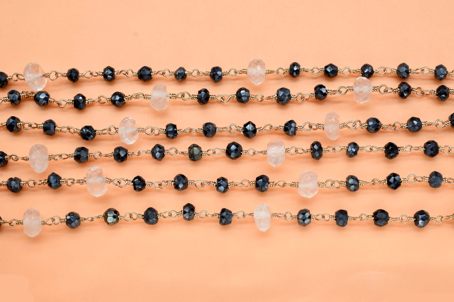 4 mm Black onyx  Rosary Chain,rose quartz Faceted Beaded Chain,Wire Wrapped gold Plated Chain,bigger size beaded ,rosary ,dual gemstone,boho