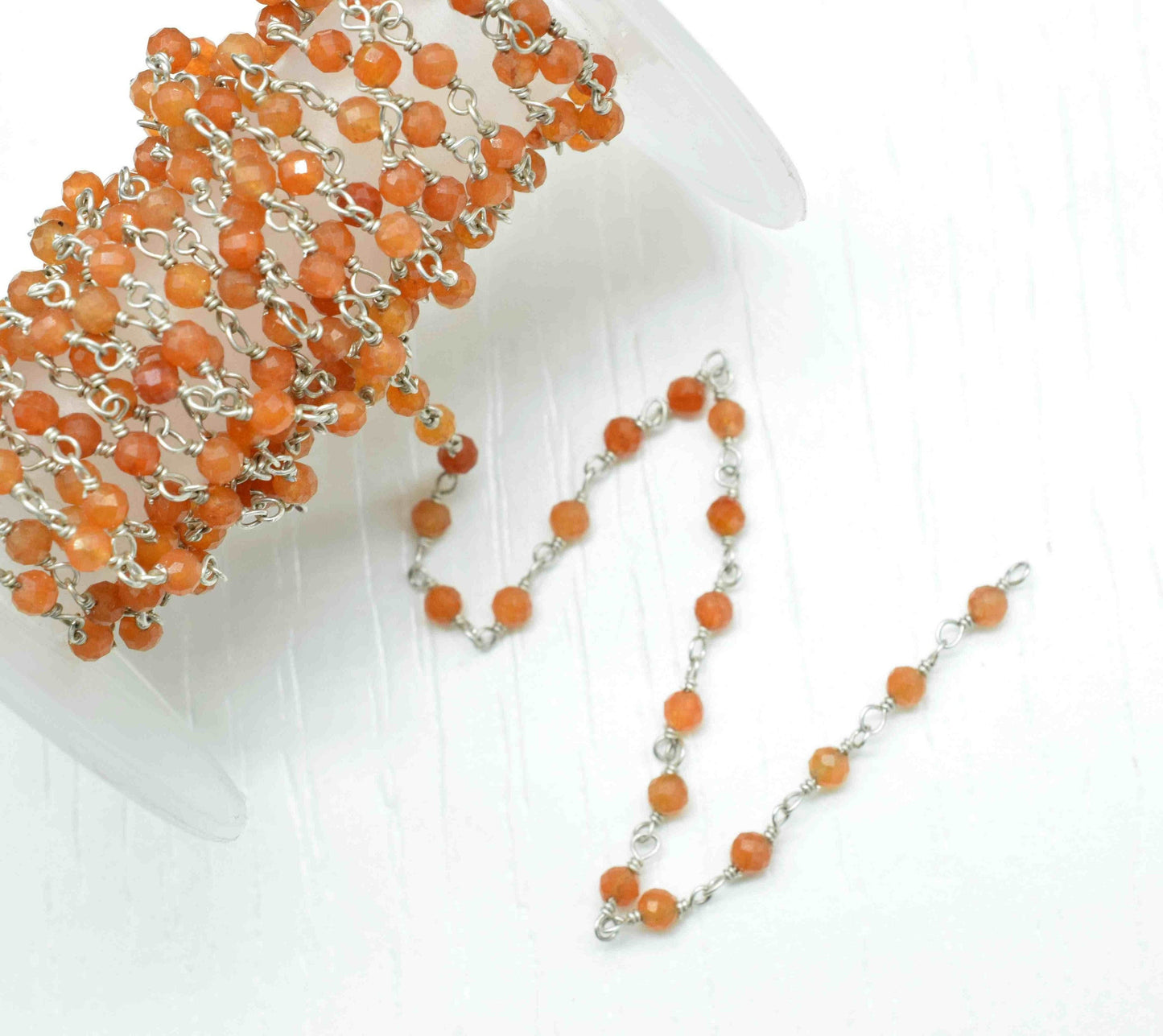 Carnelian Faceted Gemstone 3mm Beaded Chain,Faceted Rosary Chain,Gemstone rosary style chain,Carnelian Beaded Wire Wrapped Gemstone Beads
