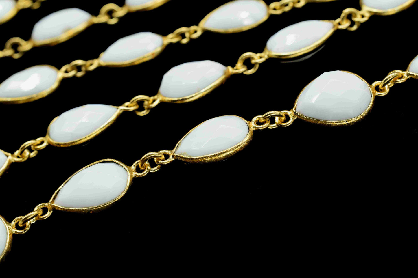 White Agate Gemstone 10x12mm Teardrop Shape Bezel Chain,White Agate Gemstone Gold Plating Bezels Link Chain,White Agate One Side Cut Jewelry