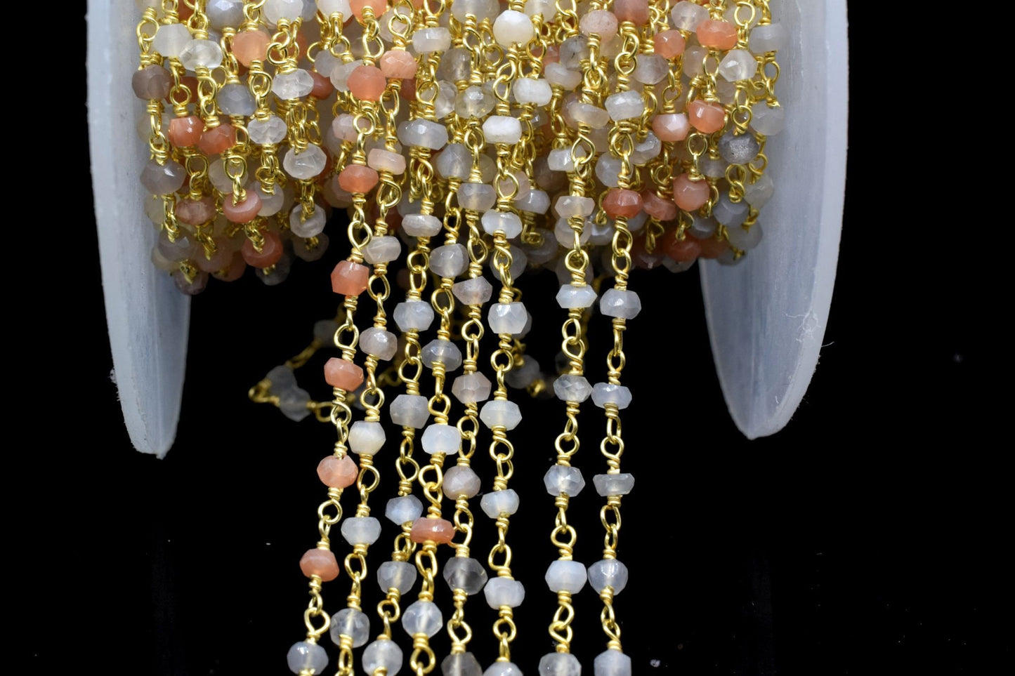 Multi Moonstone 3mm Beaded Chain,Multi Moonstone Wire Wrapped Chain,Moonstone Brass chain,Jewelry Making Chain,Moonstone Beads rosary chain