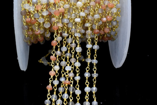 Multi Moonstone 3mm Beaded Chain,Multi Moonstone Wire Wrapped Chain,Moonstone Brass chain,Jewelry Making Chain,Moonstone Beads rosary chain