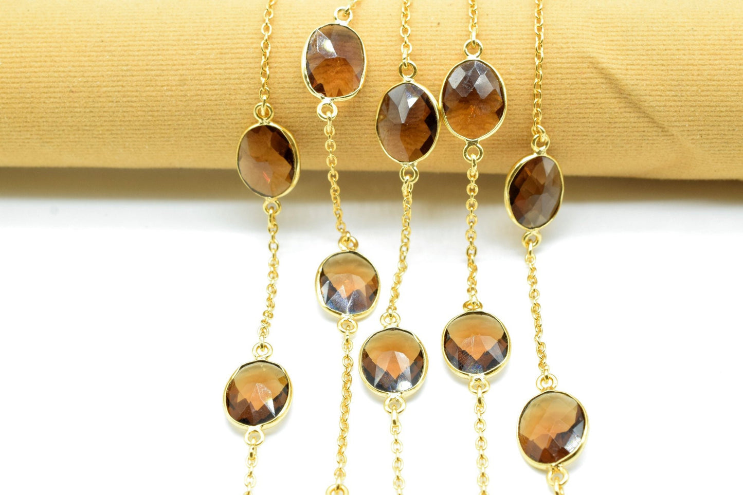 Smoky Quartz Gold Plated Bezel Chain Gemstone Connector, Oval Necklace Chain,Bezel Connector Chain,Selling Per Foot,Jewelry making chains