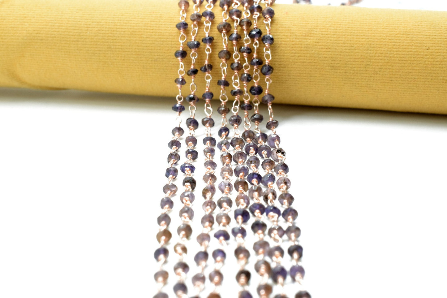 Rose Gold Plated iolite Rosary Chain,Purple Crystal Beaded Chains,3mm iolite Beaded Chain,Wholesale Price Rosary Roll,Faceted beads,