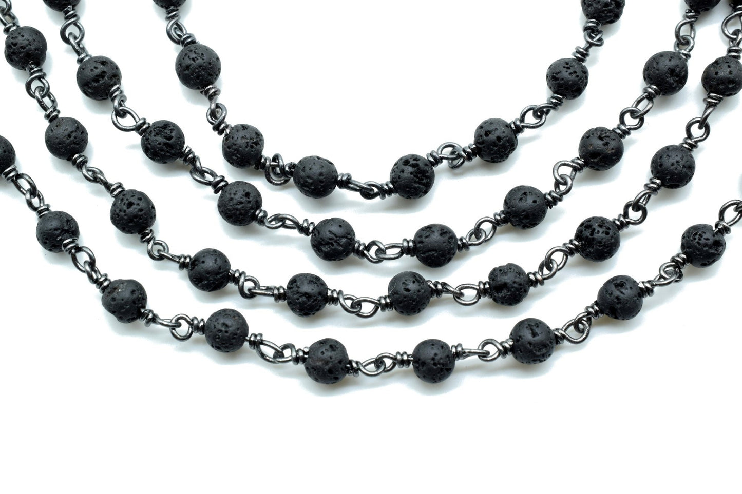 Black Lava Rock 4mm Round Beaded Wire Wrapped Black Polished Plated Chain -Beaded Chain,Black Lava Rosary Chain,Delicate Rosary Beaded Chain