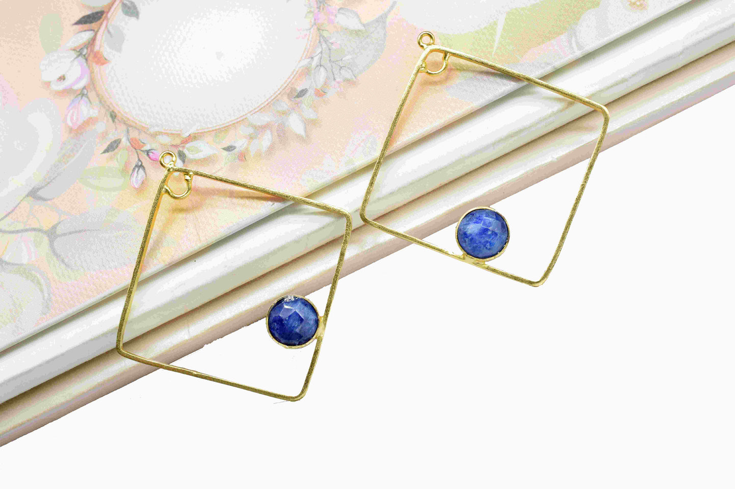 Blue Sapphire Gemstone Component,Gold Plating 32mm Square Shape Earring,Finding Necklace Jewelry,Gemstone Component,Pendant Jewelry,Gift Her