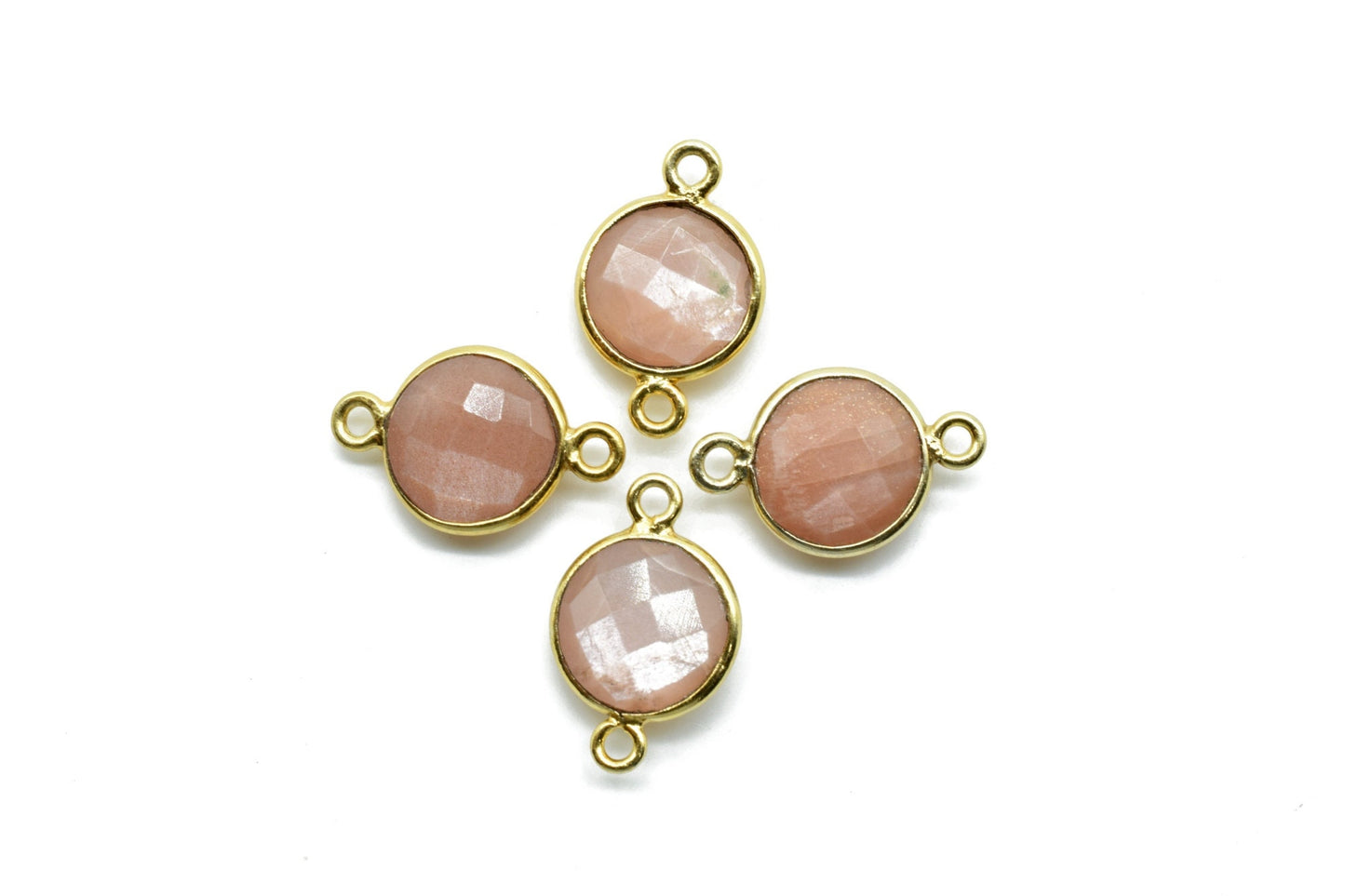 Peach Moonstone 10mm round Double bail connectors,Peach Moonstone Pendants,Peach Moonstone Round Gold Plated bezels,jewelry making charms