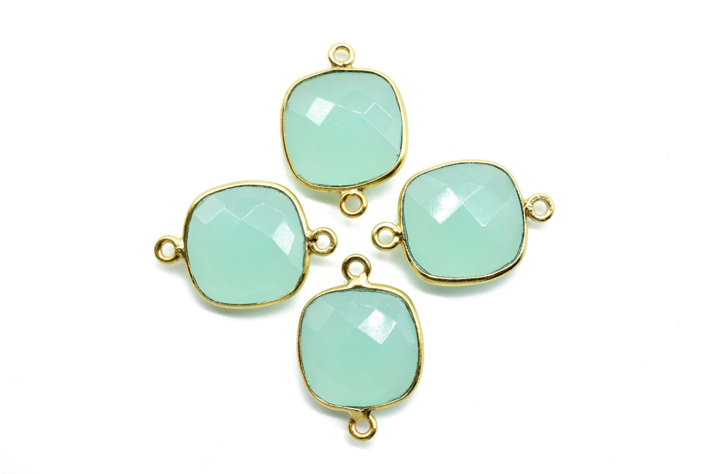 Aqua Chalcedony 14mm Cushion double loop connectors,Aqua Chalcedony Bezel Findings Cushion Charms,Cushion Shape Gold Plated Connectors,