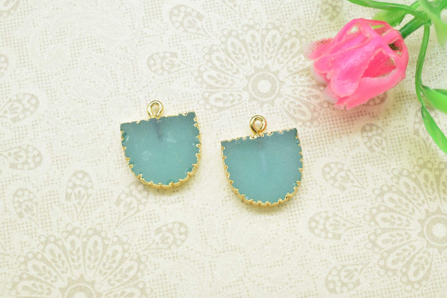 Aqua Chalcedony Semi Circle Pendants,Handmade Half Moon Earring,Necklace Connectors Jewelry,Gemstone Electroplated Charm,Single Bail,Gift