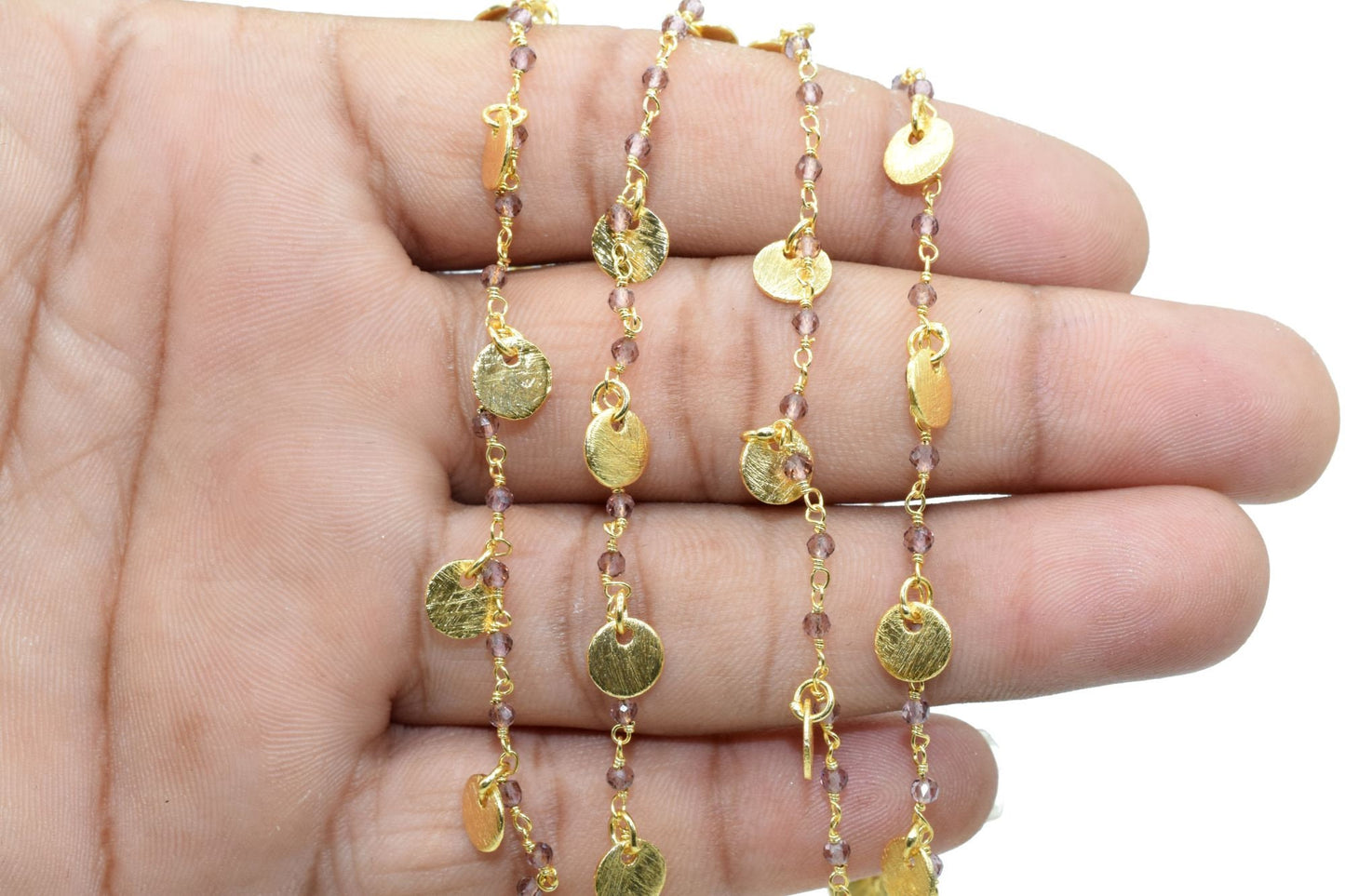 Amethyst 2mm Beaded & Circle Charm Chain,Gold Plated Rosary Chain,Wire Wrapping Gemstone Chain,Gemstone chain,Anti-Tarnish Finished chains