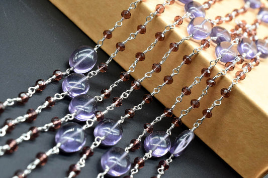 Amethyst Gold Plated wire Wrapped Rosary Chain,Smooth Natural Amethyst Oval Nugget Shaped Beads,Garnet beaded chain,Amethyst  Rosary Chain