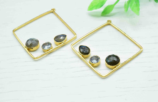 Labradorite Gemstone Component Square Shape Single Bail Charm,Labradorite 32mm Connector Pendants,Single Loop Connectors,Labradorite Jewelry