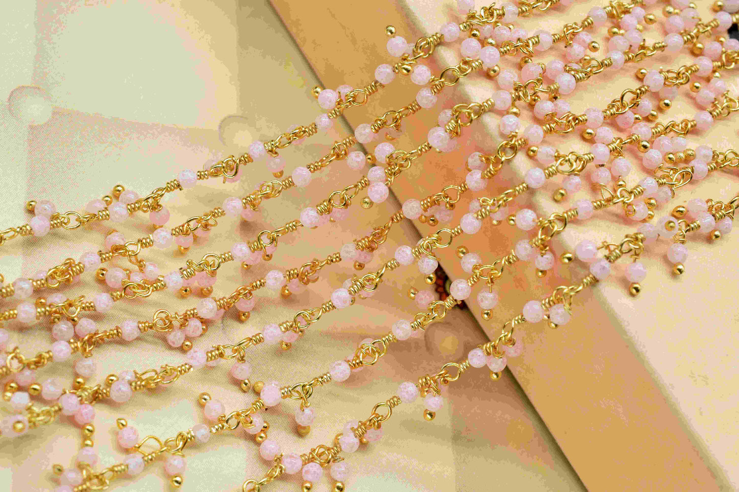 Natural Rose Quartz 2mm round Cluster beaded Chain,Handmade Cluster Rosary,Handmade Jewelry Making Wire Wrapped Beaded Chain For Necklace,