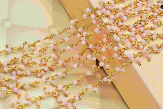 Natural Rose Quartz 2mm round Cluster beaded Chain,Handmade Cluster Rosary,Handmade Jewelry Making Wire Wrapped Beaded Chain For Necklace,