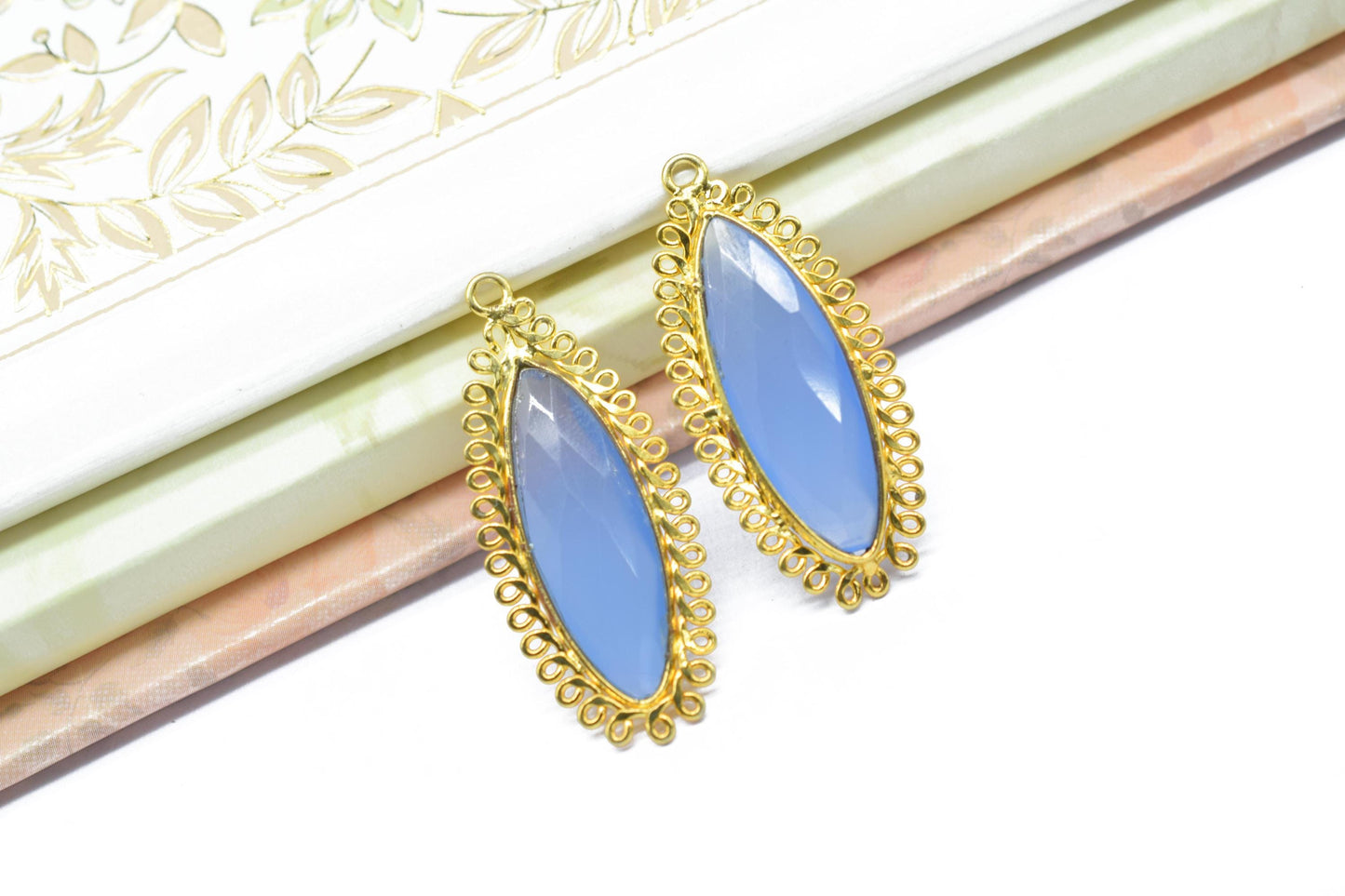 Blue Chalcedony 10x30mm Marquise Bezel Charm,Handmade Jewellery Connectors,Single Bail Pendant,long charm, Gemstone Brass Component,Gift