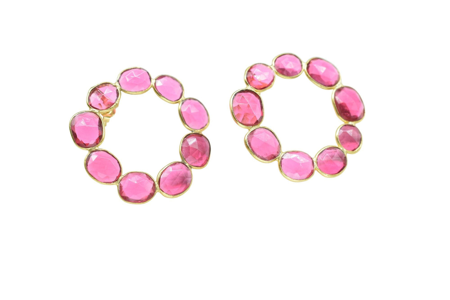 Gemstone Pink Tourmaline Earring/Bridal Earring/Round Shape Earring/Handmade Earring/Gold Plated Earring/Pink Stone Earring/Women Earring