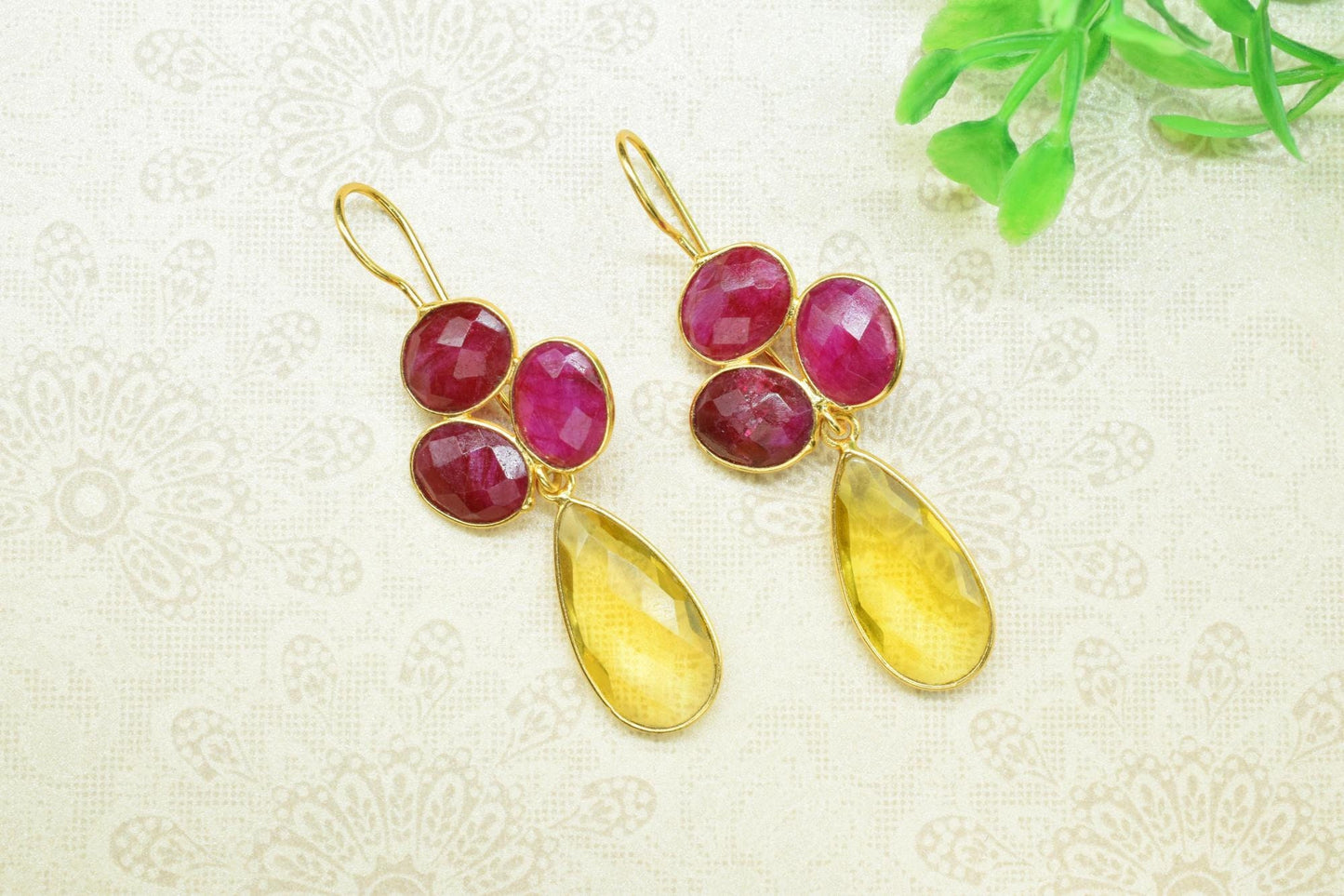 Natural Ruby Dangle Earrings,Citrine Drop Earring,Statement Earring,Handmade Jewelry,Gemstone Bezel Earring,Multi Stone Dangle Earring,Gift