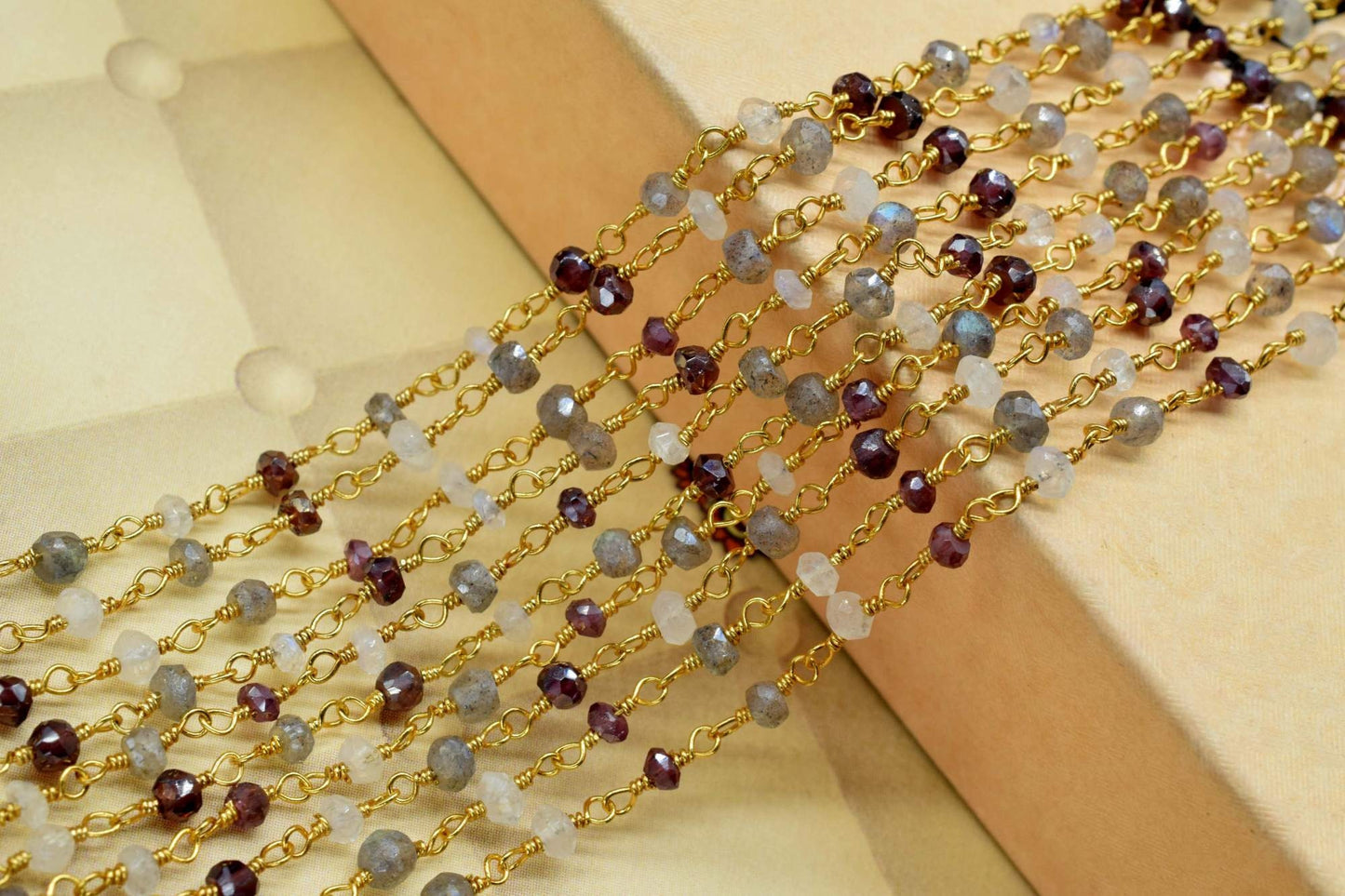 Labradorite 3mm Beaded Chain,garnet Rosary Chain,Gold Plating Wire Wrap Chain,moonstone beaded chain,combination rosary,multi gemstone,craft