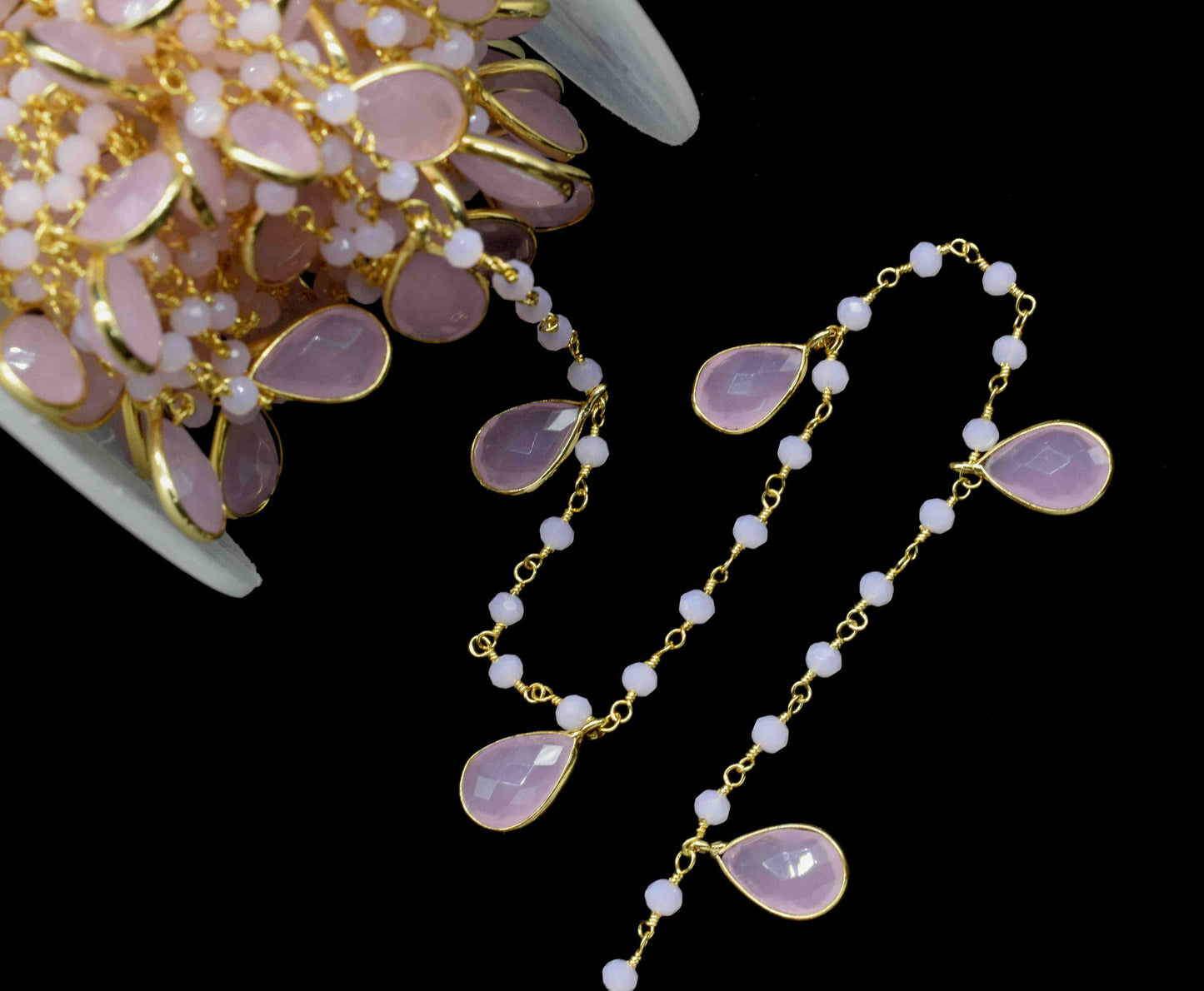 Rose Quartz 8x12mm Teardrop Shape Bezels Chain,Rose Quartz 3mm Round Shape Beads Rosary,Rose Quartz Faceted Beads Chain,Gemstone Jewelry